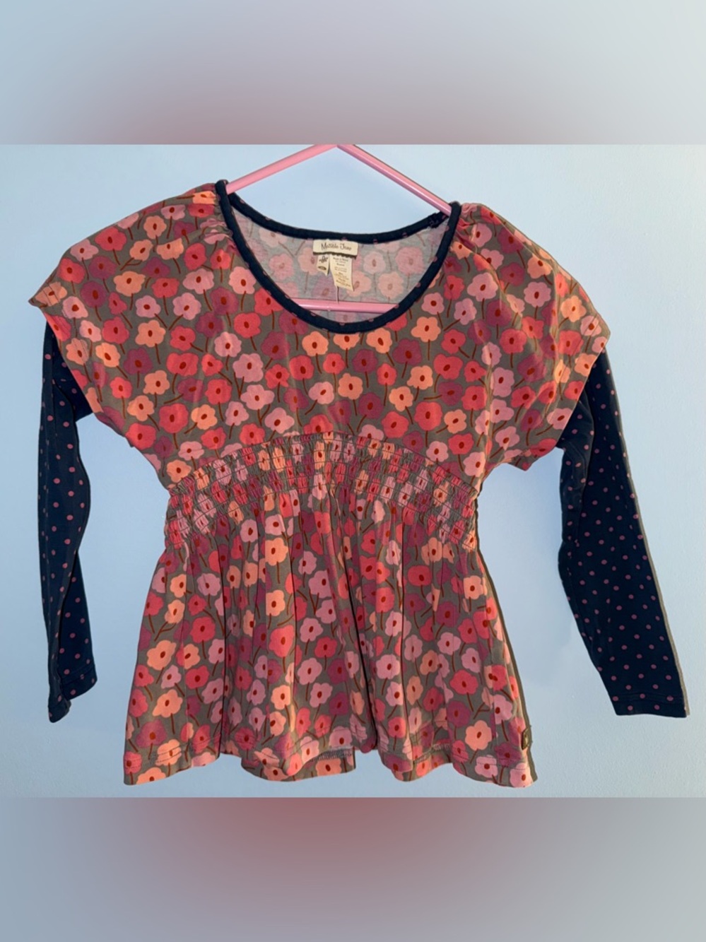 Matilda Jane Pink Floral Top with Navy Sleeves
